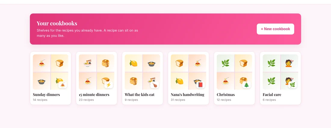 Six cookbook covers, each a grid of the recipes inside it, with recipe counts.